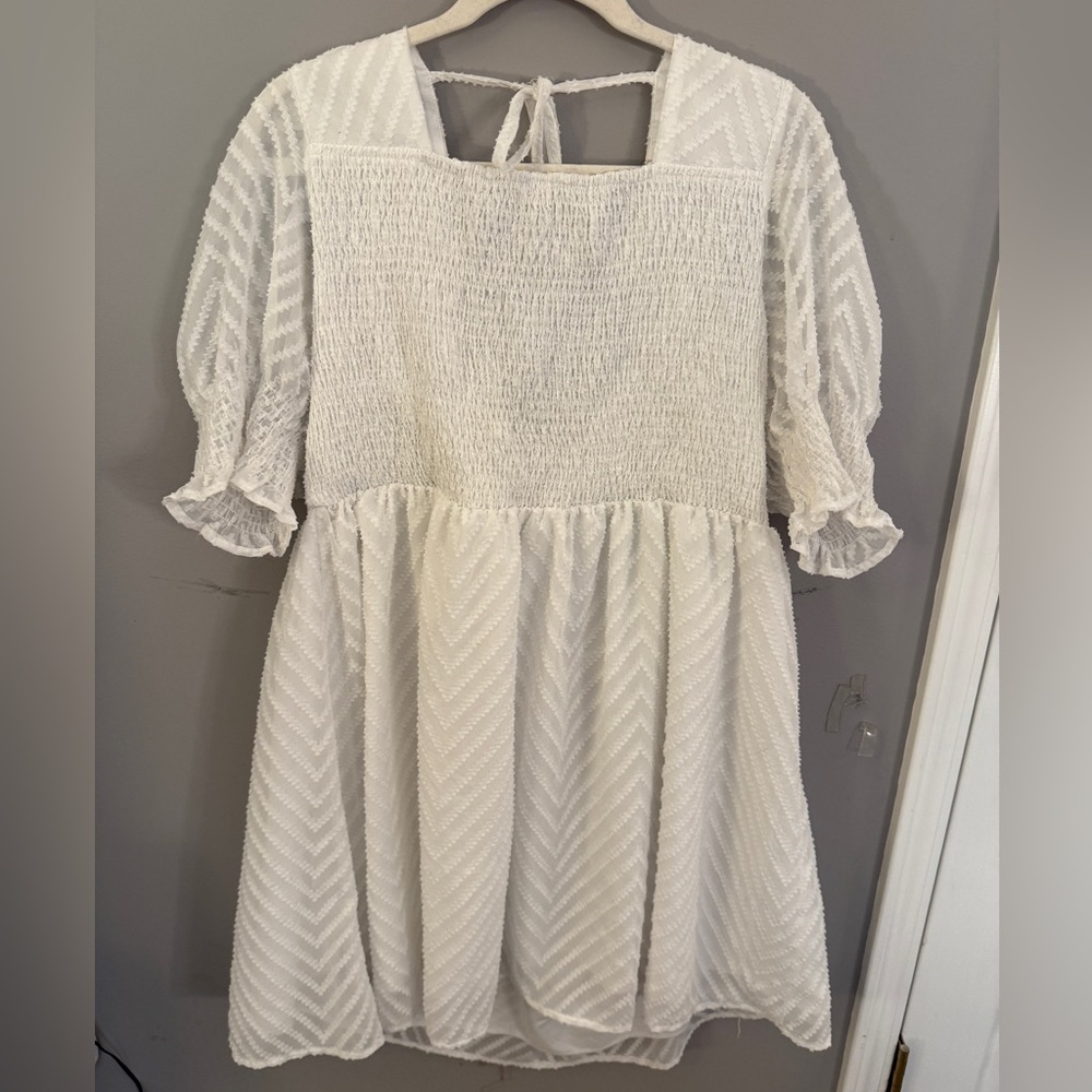 White Textured Dress with Puff Sleeves